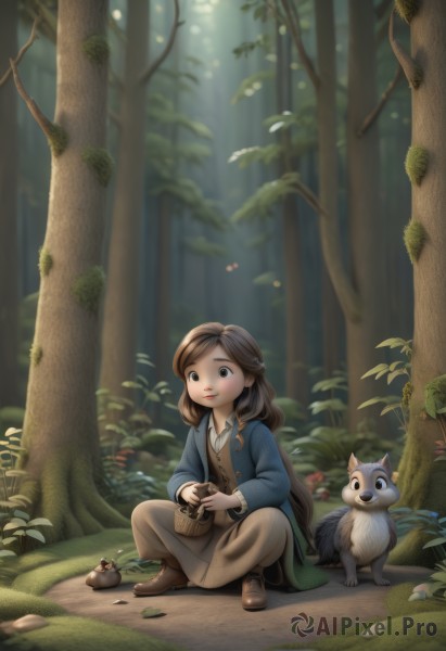 1girl,solo,long hair,smile,skirt,brown hair,shirt,long sleeves,holding,brown eyes,sitting,closed mouth,jacket,boots,outdoors,shoes,day,pants,blurry,tree,animal,leaf,brown footwear,sunlight,grass,blue jacket,nature,forest,brown pants,mushroom,squirrel,white shirt,open clothes,collared shirt,lips,wavy hair,plant,grey skirt,long skirt,brown skirt,light rays,rock,camera,indian style,on ground,blue coat,holding camera,log,acorn