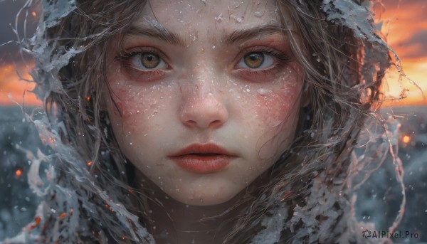 1girl,solo,looking at viewer,brown hair,brown eyes,closed mouth,outdoors,parted lips,sky,hood,water,blurry,lips,wet,eyelashes,depth of field,blurry background,portrait,snow,close-up,freckles,snowing,realistic,nose,red lips,wet hair,straight-on,eye focus,short hair,bangs,cloud,wind,sunset,water drop