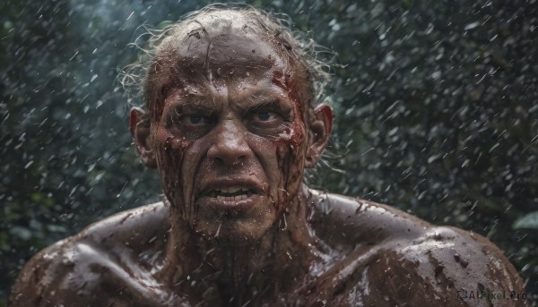 solo,looking at viewer,short hair,1boy,upper body,white hair,male focus,outdoors,parted lips,teeth,blurry,black eyes,wet,blood,facial hair,portrait,snow,rain,snowing,realistic,manly,old,old man,closed mouth,scar,blood on face