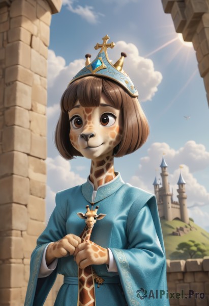 1girl,solo,smile,short hair,bangs,brown hair,long sleeves,dress,holding,animal ears,brown eyes,jewelry,closed mouth,standing,upper body,weapon,outdoors,sky,day,cloud,signature,wide sleeves,necklace,holding weapon,blue sky,blue dress,bird,animal,sunlight,bob cut,cross,tiara,crown,building,furry,robe,furry female,sun,wall,brick wall,castle,tower,snout,facepaint