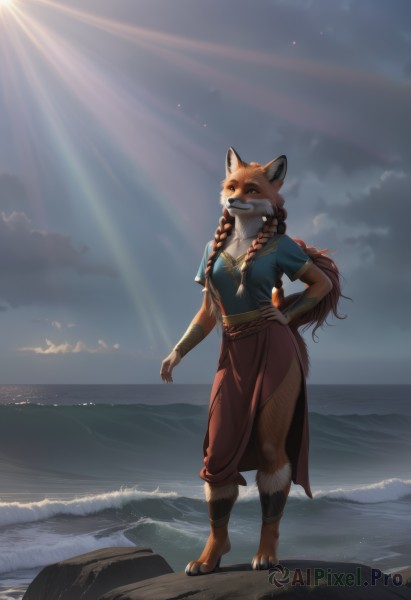 1girl,solo,long hair,breasts,smile,skirt,brown hair,shirt,animal ears,brown eyes,jewelry,standing,tail,full body,braid,short sleeves,earrings,small breasts,outdoors,sky,barefoot,day,artist name,cloud,signature,water,necklace,twin braids,hand on hip,fox ears,fox tail,red skirt,ocean,fangs,watermark,beach,sunlight,cloudy sky,looking up,blue shirt,fox girl,furry,sunset,light rays,rock,sand,furry female,sun,horizon,vambraces,looking afar,body fur,animal nose,snout,sunrise,animal feet,orange fur,digitigrade,tooth necklace,ankle wrap,long tail,blue eyes,dress,blue dress,monster girl,hair over shoulder,cliff