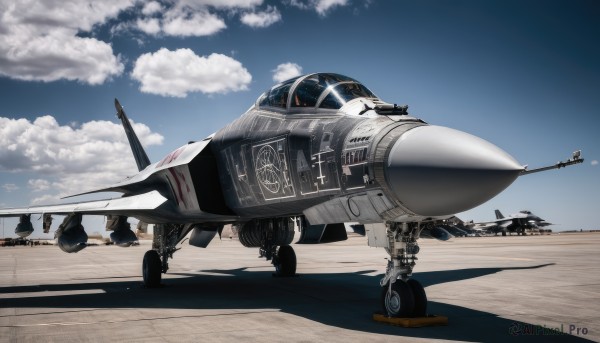 outdoors,multiple boys,sky,day,cloud,signature,blue sky,military,no humans,shadow,helmet,flying,science fiction,realistic,aircraft,military vehicle,airplane,vehicle focus,desert,jet,fighter jet,pilot,weapon,camouflage,bomb