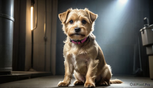 HQ,solo,blue eyes,sitting,closed mouth,full body,indoors,collar,no humans,animal,dog,realistic,light,animal focus,animal collar,alley,looking at viewer,standing,signature,blurry,trash can,spotlight