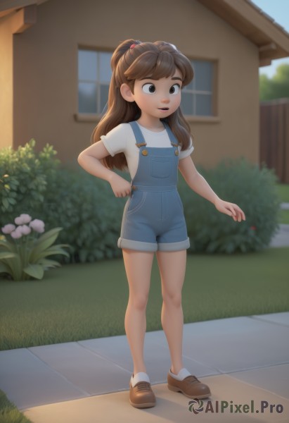 1girl,solo,long hair,smile,open mouth,brown hair,shirt,hair ornament,brown eyes,standing,full body,white shirt,ponytail,flower,short sleeves,outdoors,shoes,shorts,day,socks,artist name,black eyes,flat chest,loli,window,brown footwear,grass,denim,white socks,t-shirt,building,child,female child,bush,overalls,blue overalls,overall shorts,bangs,legs,hair bobbles