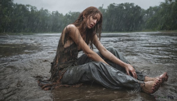 1girl,solo,long hair,breasts,brown hair,shirt,medium breasts,sitting,closed mouth,full body,closed eyes,outdoors,barefoot,pants,feet,tree,lips,wet,torn clothes,toes,tank top,denim,wet clothes,nature,rain,jeans,realistic,wet hair,on ground,dirty,torn pants,dirty face,dirty clothes,dirty feet,bare shoulders,sky,sleeveless,water,blurry,from side,bare arms,looking down,messy hair,forest,sad