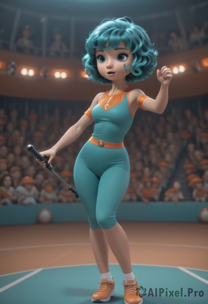 1girl,solo,breasts,short hair,bangs,blue eyes,shirt,holding,bare shoulders,jewelry,medium breasts,blue hair,standing,full body,small breasts,parted lips,shoes,sleeveless,solo focus,socks,belt,artist name,indoors,dark skin,necklace,blurry,aqua eyes,dark-skinned female,lips,aqua hair,bodysuit,depth of field,blurry background,brown footwear,sneakers,armband,microphone,skin tight,curly hair,holding microphone,crowd,orange footwear,open mouth,pants,armlet,concert