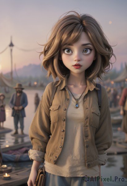 1girl,breasts,looking at viewer,short hair,skirt,brown hair,shirt,long sleeves,hat,holding,brown eyes,jewelry,standing,collarbone,jacket,white shirt,weapon,outdoors,parted lips,multiple boys,open clothes,solo focus,day,pants,medium hair,necklace,bag,holding weapon,blurry,lips,blue skirt,gun,makeup,buttons,depth of field,blurry background,backpack,cardigan,denim,lipstick,child,holding gun,handgun,pendant,brown jacket,jeans,wide-eyed,handbag,red lips,watercraft,coin,people,solo,bangs,cowboy shot,water,open jacket,book,thick eyebrows,wind,messy hair,sleeves rolled up,realistic,arms at sides,ship,boat