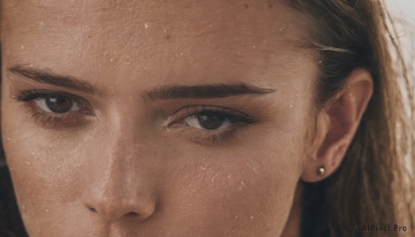 1girl,solo,looking at viewer,brown hair,1boy,brown eyes,jewelry,male focus,earrings,black eyes,eyelashes,piercing,ear piercing,portrait,close-up,realistic,stud earrings,eye focus,black hair,freckles