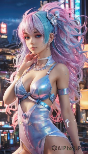 1girl,solo,long hair,breasts,looking at viewer,bangs,blue eyes,hair ornament,cleavage,bare shoulders,jewelry,medium breasts,blue hair,standing,ponytail,pink hair,white hair,multicolored hair,cowboy shot,earrings,outdoors,parted lips,sky,choker,shiny,hand up,necklace,mole,blurry,bracelet,two-tone hair,leotard,lips,night,blurry background,garter straps,night sky,armlet,shiny clothes,realistic,nose,blue leotard,white choker,thighhighs,closed mouth,swimsuit,artist name,signature,piercing,ear piercing,mole on breast,city,car