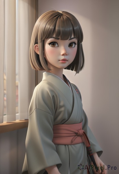 1girl,solo,looking at viewer,blush,short hair,bangs,brown hair,long sleeves,brown eyes,closed mouth,standing,upper body,weapon,japanese clothes,sword,indoors,wide sleeves,blunt bangs,kimono,blurry,lips,sash,window,blurry background,obi,bob cut,curtains,nose,holding,from side,looking to the side,thick eyebrows,sheath,realistic,grey kimono