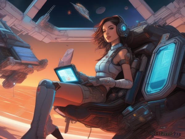 1girl,solo,long hair,breasts,looking at viewer,brown hair,black hair,gloves,brown eyes,medium breasts,sitting,boots,shorts,sleeveless,dark skin,dark-skinned female,lips,headphones,robot,headset,science fiction,sunset,aircraft,cable,space,computer,planet,laptop,spacecraft,tablet pc,cockpit,holographic interface,holding,weapon,parted lips,medium hair,chair,bandages,knee boots,crossed legs,realistic,nose