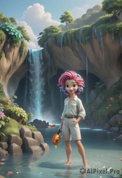 1girl,solo,looking at viewer,smile,short hair,open mouth,blue eyes,shirt,standing,pink hair,flower,multicolored hair,outdoors,sky,shorts,barefoot,day,belt,cloud,water,tree,child,nature,scenery,wading,sleeves rolled up,forest,fish,hand in pocket,white shorts,rock,river,waterfall,stream,two-tone hair,freckles,clownfish