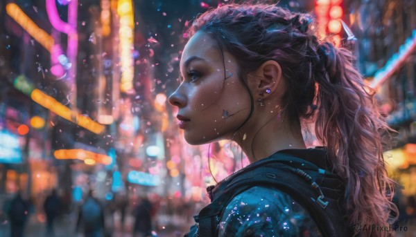 1girl, solo, long hair, blue eyes, jewelry, upper body, ponytail, earrings, parted lips, bag, blurry, from side, lips, profile, blurry background, piercing, backpack, ear piercing, science fiction, rain, realistic, nose, cyberpunk