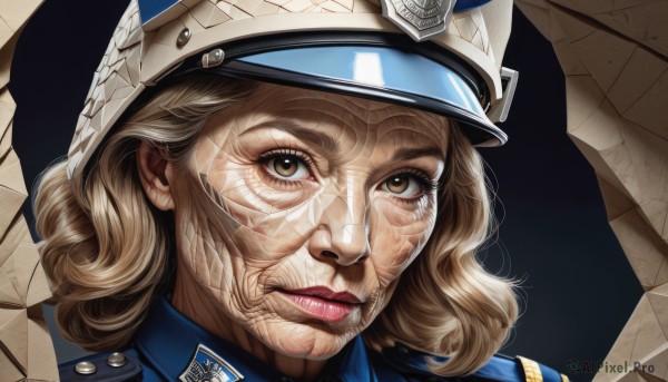 1girl,solo,looking at viewer,blonde hair,brown hair,hat,brown eyes,parted lips,medium hair,uniform,lips,black background,portrait,peaked cap,blue headwear,curly hair,military hat,realistic,nose,red lips,police,police uniform,short hair,closed mouth,eyelashes,helmet,genderswap (mtf),old,wrinkled skin