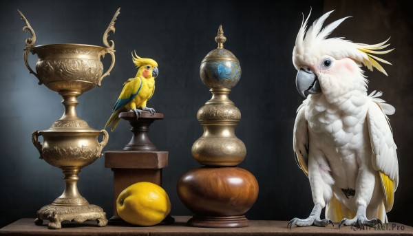 HQ,looking at viewer,blush,blue eyes,closed mouth,standing,no humans,bird,animal,feathers,realistic,animal focus,chick,duck,talons,beak,fine art parody,globe,parrot,simple background,full body,gradient,gradient background,black background