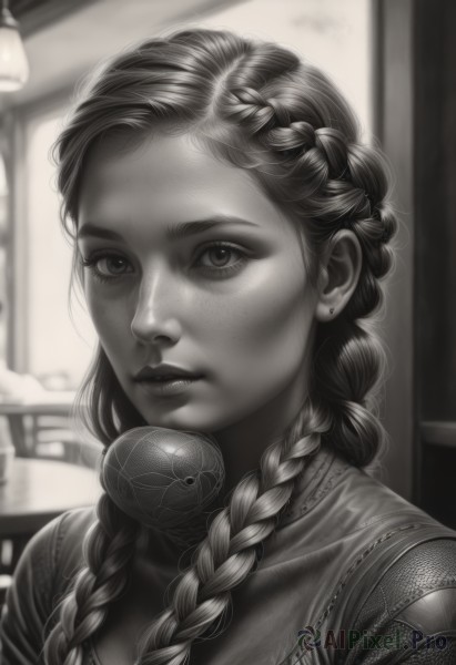 1girl,solo,long hair,looking at viewer,jewelry,closed mouth,monochrome,upper body,braid,greyscale,earrings,artist name,necklace,blurry,twin braids,lips,eyelashes,blurry background,watermark,portrait,hair over shoulder,web address,freckles,realistic,nose,bangs,indoors,signature,stud earrings,multiple braids