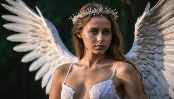 1girl,solo,long hair,breasts,looking at viewer,brown hair,bare shoulders,brown eyes,medium breasts,underwear,collarbone,upper body,wings,bra,blurry,lips,blurry background,lingerie,tiara,feathered wings,angel wings,realistic,white wings,angel,head wreath,blue eyes,dress,small breasts,sunlight,crown