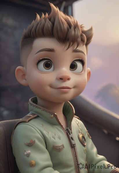 solo,looking at viewer,smile,short hair,brown hair,long sleeves,1boy,brown eyes,jacket,upper body,male focus,parted lips,artist name,bag,blurry,blurry background,backpack,ground vehicle,child,motor vehicle,zipper,freckles,green jacket,male child,patch,outdoors,lips,spiked hair,badge,medal