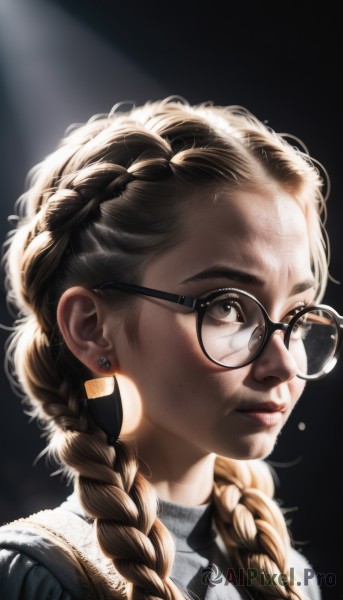 1girl,solo,long hair,blonde hair,brown hair,shirt,twintails,brown eyes,jewelry,closed mouth,upper body,braid,earrings,glasses,twin braids,sweater,lips,sunlight,portrait,bandaid,hair over shoulder,freckles,black-framed eyewear,realistic,nose,round eyewear,stud earrings,looking at viewer,bangs,simple background,artist name,eyelashes,black background,backlighting,light rays,sunbeam