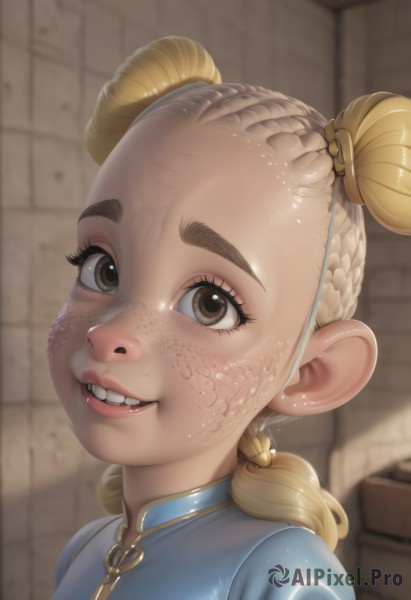 1girl,solo,looking at viewer,smile,blonde hair,twintails,brown eyes,braid,parted lips,teeth,hair bun,grin,blurry,twin braids,lips,double bun,blurry background,short twintails,child,portrait,forehead,freckles,realistic,female child,long hair,dress,eyelashes,blue dress,scar,thick eyebrows,nose