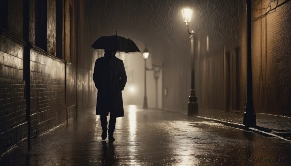 1girl,solo,short hair,long sleeves,1boy,holding,standing,monochrome,male focus,boots,outdoors,pants,from behind,blurry,coat,night,umbrella,building,scenery,reflection,walking,rain,holding umbrella,city,hands in pockets,light,road,dark,lamppost,street,puddle,alley,tree,depth of field,blurry background,wide shot