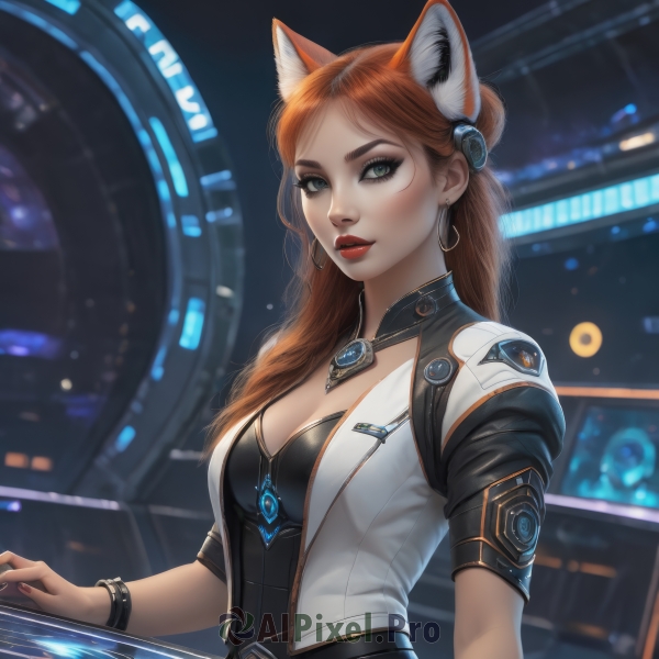 1girl,solo,long hair,breasts,looking at viewer,blue eyes,brown hair,hair ornament,animal ears,cleavage,jewelry,medium breasts,green eyes,jacket,upper body,short sleeves,earrings,parted lips,belt,cat ears,necklace,nail polish,orange hair,blurry,bracelet,lips,fox ears,makeup,lipstick,red nails,freckles,science fiction,hoop earrings,nose,red lips,blush,bangs,closed mouth,red hair,open clothes,artist name,signature,open jacket,fingernails,grey eyes,eyelashes,blurry background,white jacket,fox girl,instrument,cropped jacket,realistic