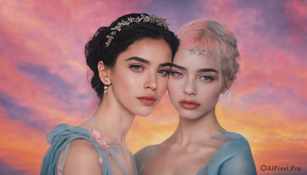 looking at viewer,short hair,blue eyes,multiple girls,black hair,hair ornament,dress,2girls,jewelry,collarbone,upper body,flower,earrings,outdoors,parted lips,sky,cloud,hair flower,mole,lips,grey eyes,makeup,blue dress,cloudy sky,tiara,sunset,realistic,red lips,head wreath,heads together,cheek-to-cheek,mole on neck,mole on cheek,blonde hair,brown eyes,braid,hair bun,single hair bun,lipstick,portrait,pink sky