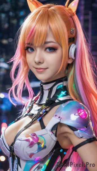 1girl,solo,long hair,breasts,looking at viewer,smile,bangs,blue eyes,blonde hair,animal ears,cleavage,medium breasts,closed mouth,upper body,pink hair,multicolored hair,armpits,orange hair,blurry,two-tone hair,lips,fox ears,clothing cutout,gradient hair,makeup,blurry background,fake animal ears,headphones,cleavage cutout,between breasts,eyeshadow,armor,mole,streaked hair,eyelashes,bodysuit,depth of field,science fiction,eyeliner,bokeh,mascara,cyberpunk