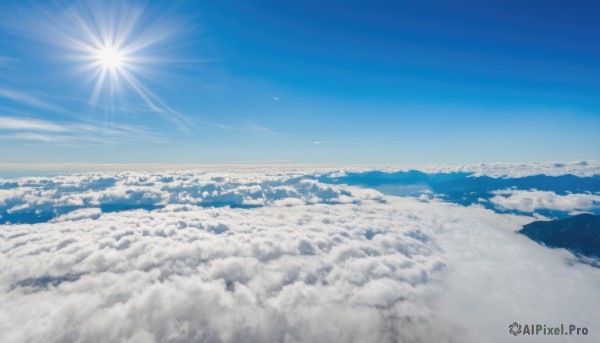 monochrome,outdoors,sky,day,cloud,blue sky,no humans,sunlight,scenery,blue theme,mountain,city,sun,horizon,cityscape,landscape,above clouds,ocean,cloudy sky