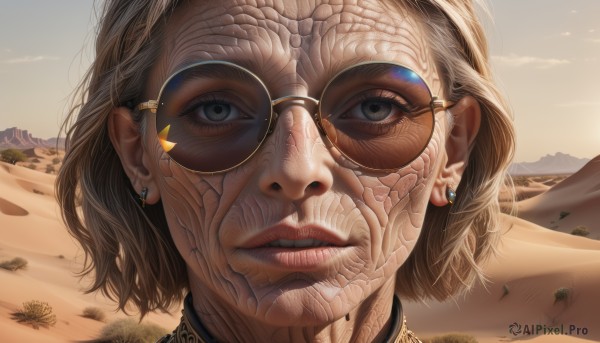 1girl,solo,looking at viewer,short hair,blue eyes,blonde hair,brown hair,jewelry,earrings,outdoors,parted lips,sky,glasses,teeth,choker,day,lips,grey eyes,eyelashes,piercing,sunglasses,portrait,close-up,veins,realistic,nose,round eyewear,sand,desert,aviator sunglasses,cloud,backlighting,sun