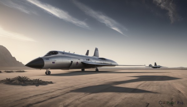 outdoors,sky,cloud,military,no humans,shadow,star (sky),scenery,flying,sunset,aircraft,military vehicle,airplane,vehicle focus,dusk,desert,jet,fighter jet,pilot,signature,mountain,sand