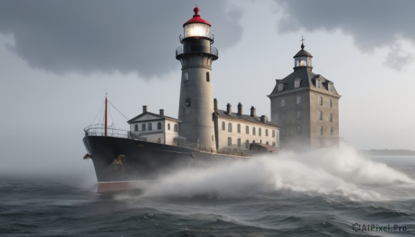 outdoors,sky,cloud,water,military,no humans,ocean,cloudy sky,building,scenery,smoke,turret,military vehicle,flag,watercraft,ship,waves,tower,smokestack,fog,grey sky,warship,day,blue sky,boat