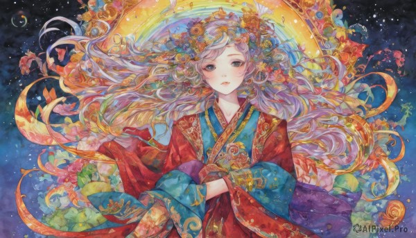 1girl,solo,long hair,looking at viewer,blush,blue eyes,hair ornament,long sleeves,upper body,flower,multicolored hair,parted lips,japanese clothes,sky,hair flower,wide sleeves,kimono,floating hair,traditional media,floral print,moon,star (sky),starry sky,painting (medium),watercolor (medium),crescent moon,colorful,orange flower,black eyes,lips,chinese clothes,fish,goldfish,traditional clothes