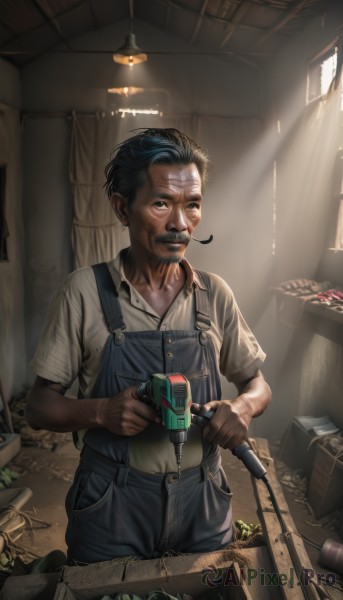 solo,short hair,shirt,black hair,1boy,holding,standing,white shirt,short sleeves,male focus,collared shirt,indoors,black eyes,gun,window,facial hair,sunlight,bug,curtains,box,child,beard,light rays,realistic,mustache,overalls,male child,old,dirty,old man,cardboard box,looking at viewer,jewelry,blue hair,weapon,earrings,scar,water gun