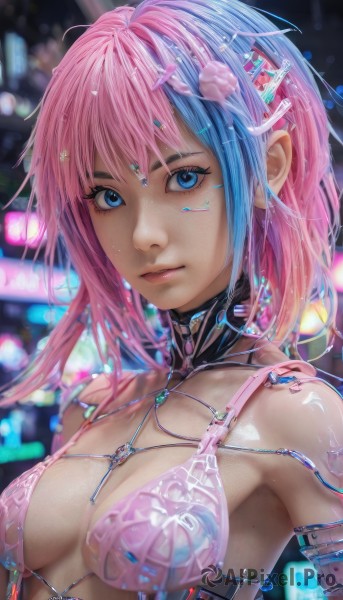 1girl,solo,breasts,looking at viewer,short hair,bangs,blue eyes,hair ornament,cleavage,bare shoulders,medium breasts,closed mouth,underwear,blue hair,swimsuit,upper body,pink hair,bikini,multicolored hair,medium hair,bra,blurry,two-tone hair,lips,blurry background,freckles,science fiction,realistic,pink bra,nose,android,cable,cyborg,robot joints,cyberpunk,mechanical parts,long hair,jewelry,small breasts,artist name,necklace,eyelashes,gradient hair,depth of field,watermark,web address,pink lips