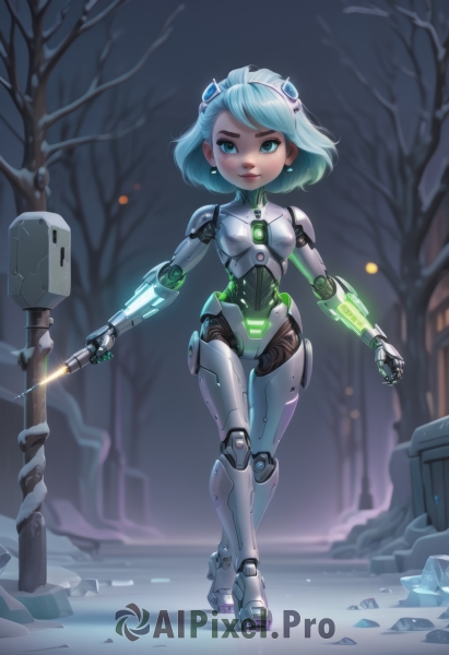 1girl,solo,looking at viewer,smile,short hair,blue eyes,holding,jewelry,blue hair,standing,full body,weapon,white hair,earrings,small breasts,outdoors,blurry,tree,lips,maid headdress,night,blurry background,glowing,robot,walking,science fiction,android,joints,mechanical arms,cyborg,bare tree,robot joints,mechanical parts,breasts,green eyes,green hair,prosthesis,skates,humanoid robot