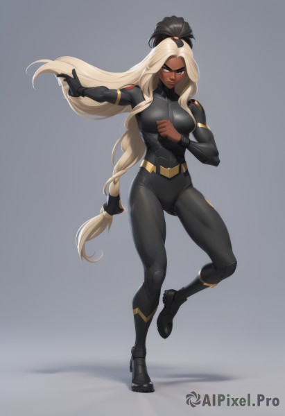 1girl,solo,long hair,breasts,looking at viewer,blue eyes,blonde hair,large breasts,simple background,black hair,hair ornament,medium breasts,very long hair,standing,full body,ponytail,braid,artist name,dark skin,grey background,armor,dark-skinned female,lips,grey eyes,bodysuit,muscular,leg up,standing on one leg,outstretched arm,clenched hand,skin tight,serious,fighting stance,muscular female,black bodysuit,gloves,white hair,boots,very dark skin