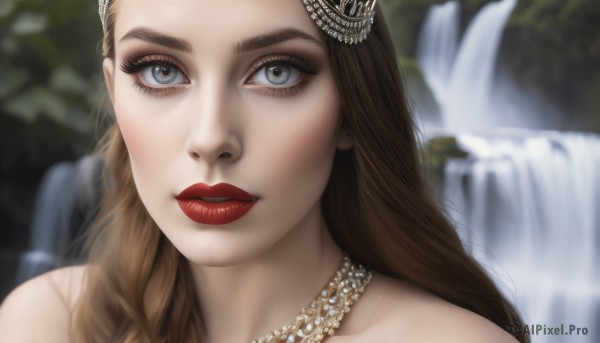 1girl,solo,long hair,looking at viewer,blue eyes,brown hair,hair ornament,bare shoulders,jewelry,braid,earrings,parted lips,water,necklace,blurry,lips,grey eyes,eyelashes,makeup,depth of field,blurry background,lipstick,portrait,close-up,realistic,red lips,waterfall,mascara,fountain