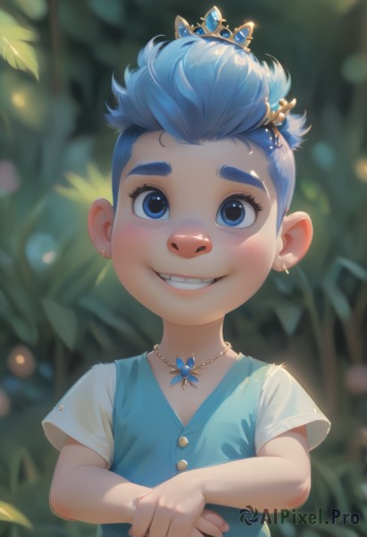 1girl,solo,looking at viewer,blush,smile,short hair,blue eyes,shirt,hair ornament,dress,jewelry,blue hair,white shirt,upper body,short sleeves,earrings,outdoors,teeth,day,necklace,grin,blurry,vest,depth of field,blurry background,blue dress,happy,tiara,aged down,crown,gem,child,nature,furry,pendant,freckles,female child,male child,blue vest,buck teeth,1boy,male focus,leaf,thick eyebrows,personification