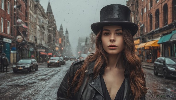 1girl,solo,long hair,breasts,looking at viewer,brown hair,hat,cleavage,brown eyes,jacket,upper body,outdoors,parted lips,multiple boys,open clothes,solo focus,day,lips,black jacket,black headwear,ground vehicle,building,motor vehicle,top hat,city,realistic,nose,car,road,leather,leather jacket,medium breasts,blurry,makeup,depth of field,umbrella,thick eyebrows,lipstick,snow,rain,snowing,street