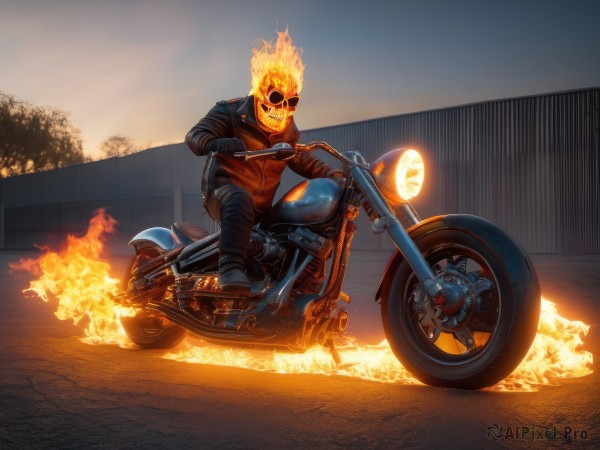 solo,looking at viewer,smile,gloves,long sleeves,1boy,jacket,male focus,boots,outdoors,black gloves,pants,bag,grin,tree,black jacket,glowing,black pants,sunglasses,fire,ground vehicle,motor vehicle,skull,brown jacket,fence,riding,leather,motorcycle,flame,leather jacket,burning,fiery hair,on motorcycle,holding,sky,spikes