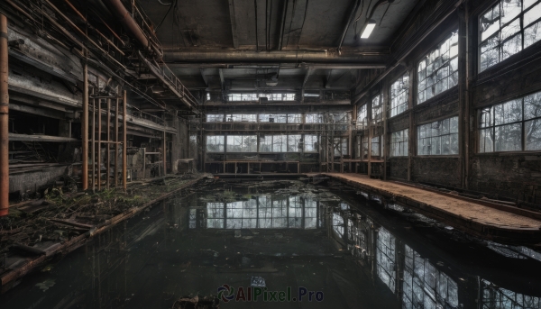 day,indoors,water,tree,no humans,window,sunlight,plant,building,scenery,light rays,stairs,ruins,moss,train station,railroad tracks,overgrown,post-apocalypse,broken window,solo,ceiling,ceiling light