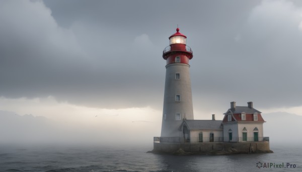 outdoors,sky,day,cloud,water,no humans,window,ocean,cloudy sky,building,scenery,horizon,house,tower,blue sky,clock,scarlet devil mansion,clock tower,chimney