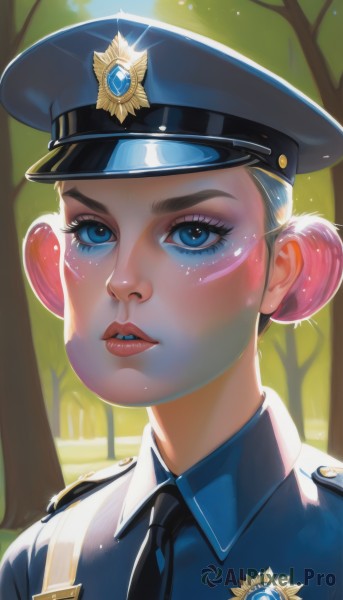 1girl,solo,looking at viewer,short hair,blue eyes,shirt,hat,upper body,pink hair,multicolored hair,outdoors,parted lips,necktie,teeth,collared shirt,hair bun,uniform,two-tone hair,tree,lips,eyelashes,makeup,blue shirt,portrait,peaked cap,black necktie,glint,badge,police,police uniform,policewoman,police hat,blush,blonde hair,single hair bun,thick eyebrows,nature,eyeshadow,forest,backlighting,freckles,realistic,nose