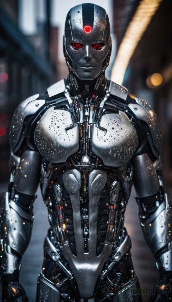 1girl,solo,looking at viewer,red eyes,standing,weapon,cowboy shot,blurry,bodysuit,blurry background,glowing,robot,science fiction,realistic,arms at sides,android,joints,cable,grey skin,straight-on,cyborg,robot joints,alien,cyberpunk,humanoid robot,armor,no humans,depth of field,wire