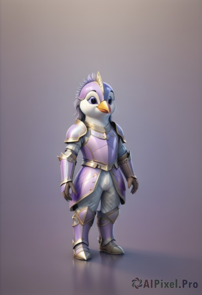 solo,simple background,gloves,1boy,standing,purple eyes,full body,male focus,boots,pants,artist name,grey background,armor,black eyes,gradient,gradient background,bird,bandages,helmet,feathers,shoulder armor,gauntlets,furry,brown gloves,pauldrons,breastplate,arms at sides,vambraces,armored boots,furry male,faulds,beak,plate armor,looking at viewer,belt,no humans,watermark,brown background,greaves,animal focus,knight