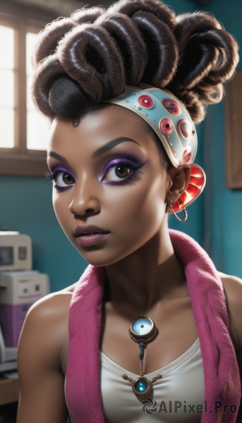 1girl,solo,breasts,looking at viewer,brown hair,black hair,cleavage,bare shoulders,brown eyes,jewelry,medium breasts,collarbone,upper body,earrings,parted lips,indoors,dark skin,necklace,blurry,vest,dark-skinned female,lips,eyelashes,window,strapless,makeup,blurry background,headband,watermark,tank top,lipstick,eyeshadow,curly hair,hoop earrings,realistic,nose,eyeliner,undercut,very dark skin,mascara,dreadlocks,piercing,towel