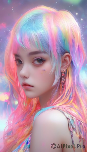 1girl,solo,long hair,looking at viewer,bangs,blue eyes,bare shoulders,jewelry,closed mouth,blue hair,upper body,pink hair,multicolored hair,earrings,star (symbol),black eyes,from side,lips,grey eyes,eyelashes,gradient hair,makeup,gem,portrait,web address,eyeshadow,freckles,realistic,nose,colorful,mascara,rainbow hair,artist name,orange hair,looking to the side,watermark,facial mark,expressionless,pink lips