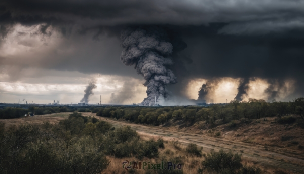 outdoors,sky,cloud,tree,military,no humans,cloudy sky,grass,fire,ground vehicle,building,scenery,smoke,bridge,landscape,fog,multiple boys,nature,military vehicle,field,soldier