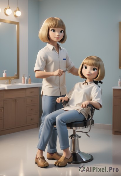 1girl,smile,short hair,bangs,multiple girls,blonde hair,brown hair,shirt,2girls,brown eyes,sitting,standing,full body,white shirt,short sleeves,shoes,collared shirt,pants,indoors,blunt bangs,looking at another,black eyes,lips,siblings,chair,brown footwear,bob cut,denim,child,reflection,jeans,mirror,blue pants,female child,lamp,stool,comb,brushing hair,open mouth,holding,closed mouth,parted lips,signature,dress shirt,wing collar,sink,polo shirt